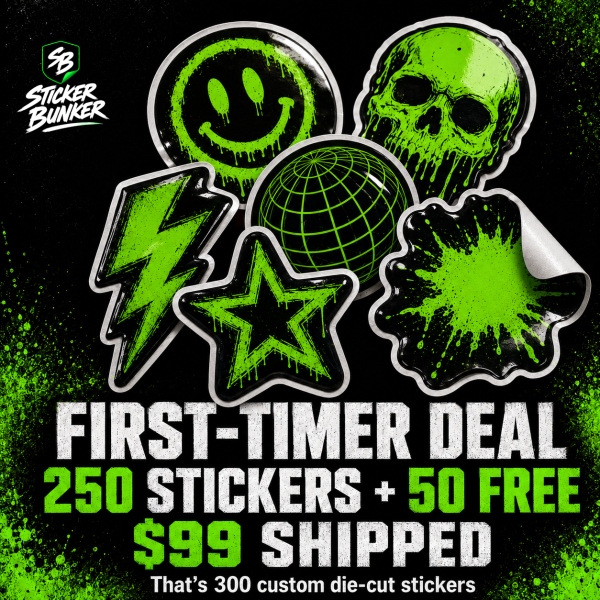 Sticker Bunker first-timer deal — 250 custom 3-inch die-cut stickers plus 50 free, $99 shipped