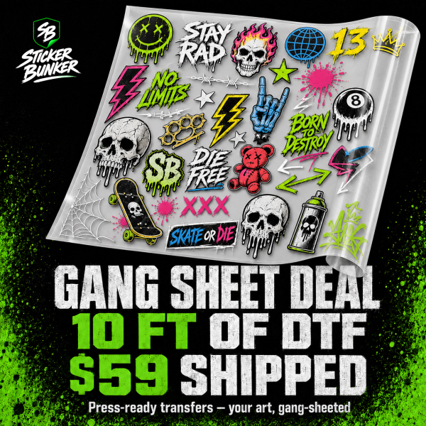 Sticker Bunker DTF gang sheet deal — 10 feet of print-ready DTF transfers, $59 shipped